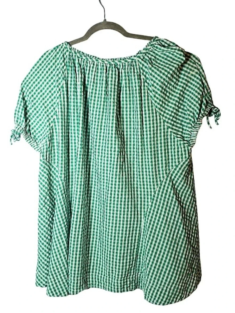 Free People Farley Gingham Tunic Mini Shirt Dress L Puffed Tie Sleeves Cottage